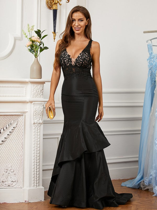 Trumpet/Mermaid Satin Lace V-neck Sleeveless Sweep/Brush Train Dresses