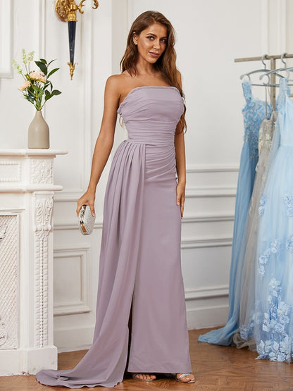 Sheath/Column Stretch Crepe Ruched Strapless Sleeveless Sweep/Brush Train Dresses