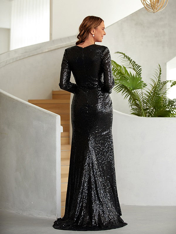 Sheath/Column Sequins Ruched V-neck Long Sleeves Sweep/Brush Train Dresses