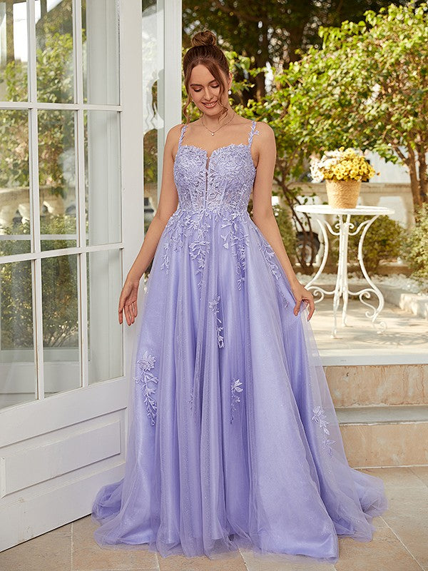 A-Line/Princess Tulle Applique Straps Sleeveless Court Train Dresses