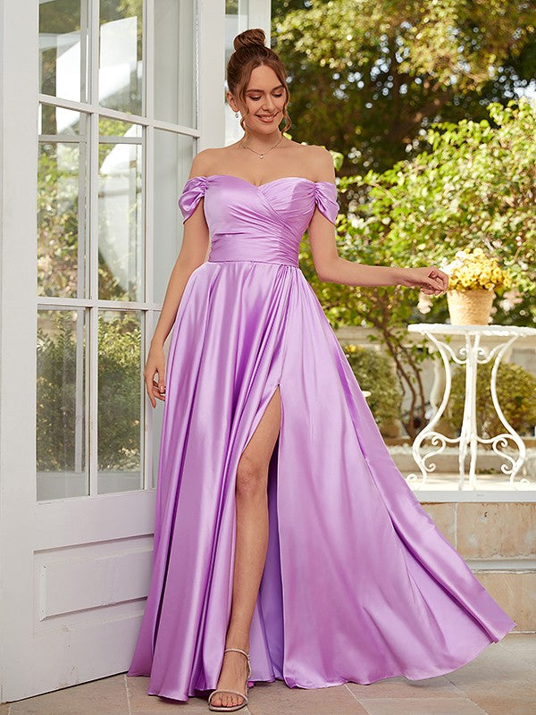 A-Line/Princess NS Elastic Woven Satin Ruched Off-the-Shoulder Sleeveless Floor-Length Dresses