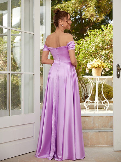 A-Line/Princess NS Elastic Woven Satin Ruched Off-the-Shoulder Sleeveless Floor-Length Dresses