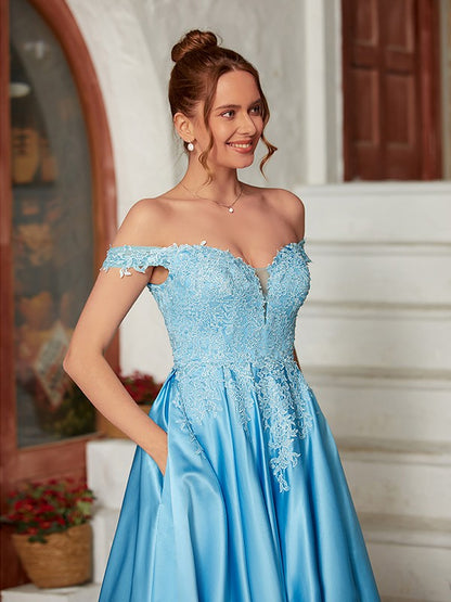 A-Line/Princess Satin Lace Off-the-Shoulder Sleeveless Floor-Length Dresses