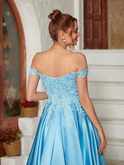 A-Line/Princess Satin Lace Off-the-Shoulder Sleeveless Floor-Length Dresses