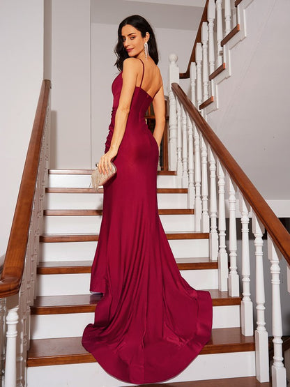 Sheath/Column Jersey Ruched One-Shoulder Sleeveless Court Train Dresses