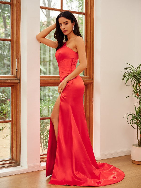 Sheath/Column Elastic Woven Satin Ruched One-Shoulder Sleeveless Sweep/Brush Train Dresses