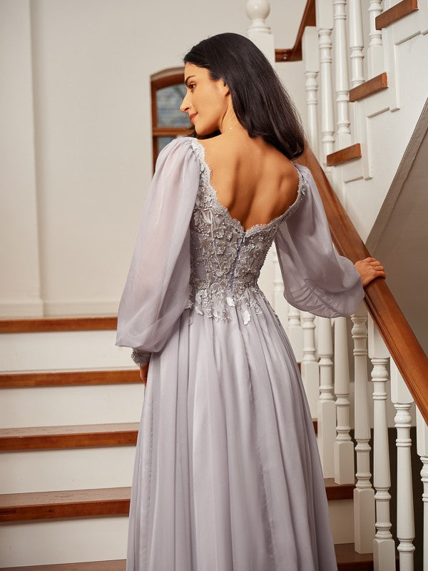 A-Line/Princess 30D Chiffon Applique V-neck Long Sleeves Floor-Length Dresses