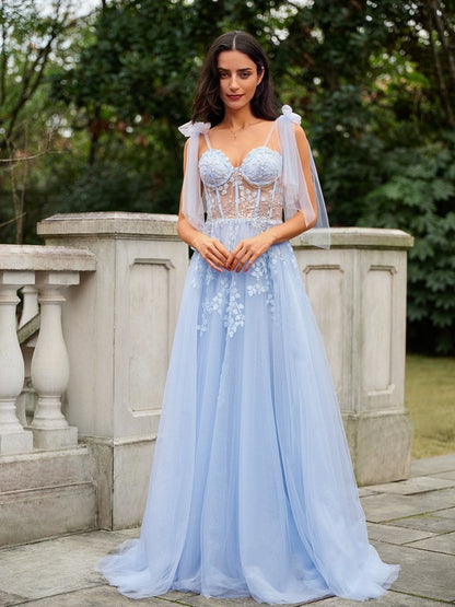 A-Line/Princess Tulle Applique Straps Sleeveless Sweep/Brush Train Dresses