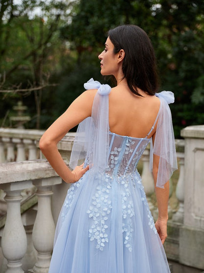 A-Line/Princess Tulle Applique Straps Sleeveless Sweep/Brush Train Dresses