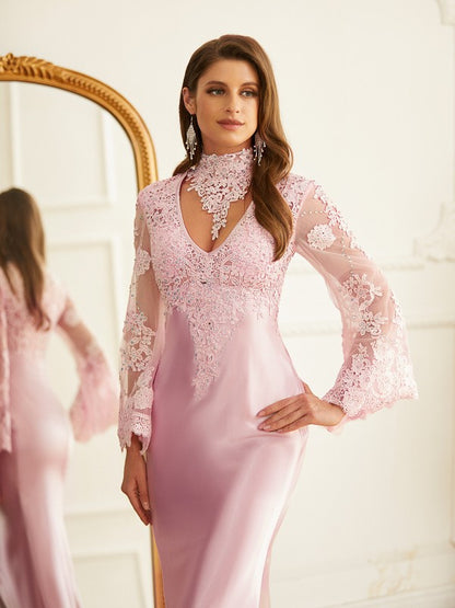 Sheath/Column Silk like Satin Lace High Neck Long Sleeves Sweep/Brush Train Dresses