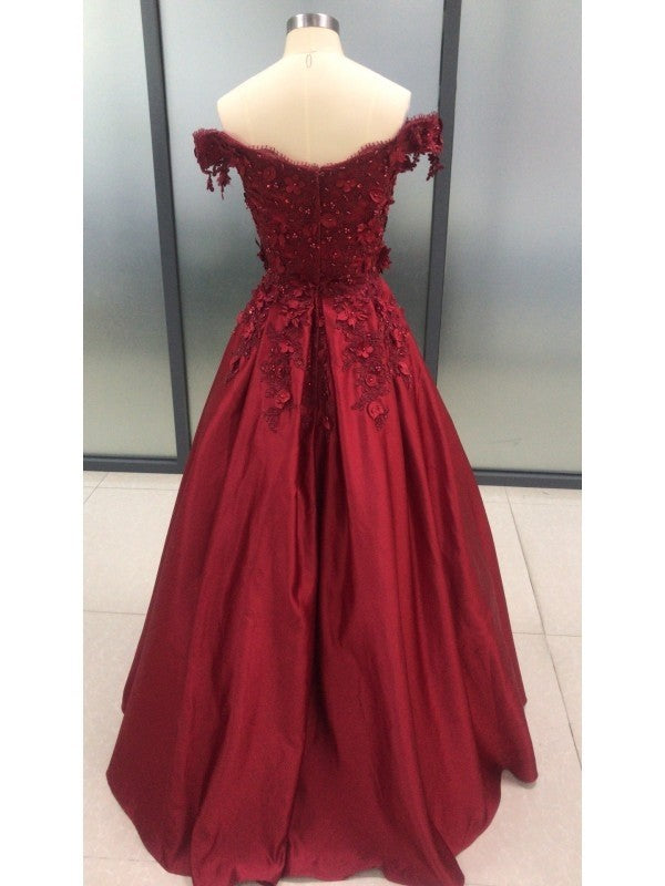 Ball Gown Sleeveless Off-the-Shoulder Applique Satin Floor-Length Dresses