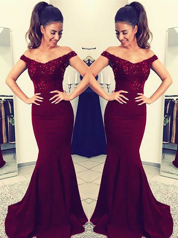 Trumpet/Mermaid Off-the-Shoulder Sleeveless Sweep/Brush Train Lace Elastic Woven Satin Dresses