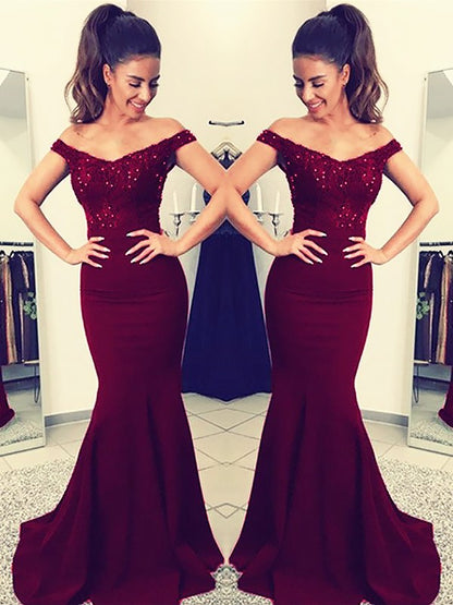 Trumpet/Mermaid Off-the-Shoulder Sleeveless Sweep/Brush Train Lace Elastic Woven Satin Dresses