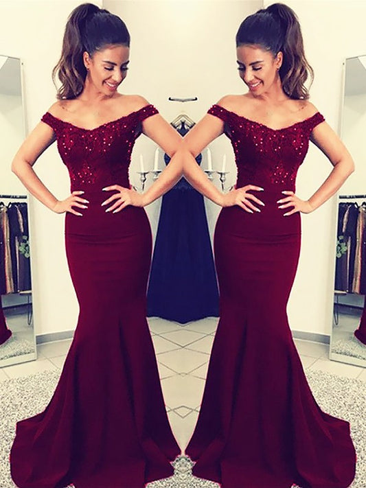 Trumpet/Mermaid Off-the-Shoulder Sleeveless Sweep/Brush Train Lace Elastic Woven Satin Dresses