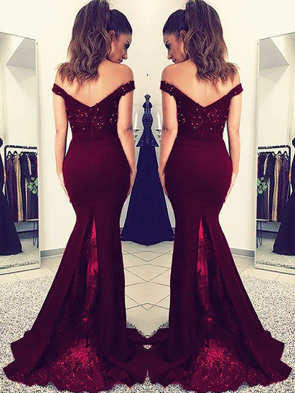 Trumpet/Mermaid Off-the-Shoulder Sleeveless Sweep/Brush Train Lace Elastic Woven Satin Dresses