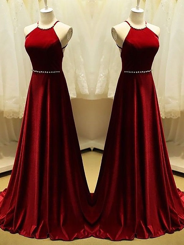 A-Line Halter Sleeveless Sweep/Brush Train With Beading Satin Dresses