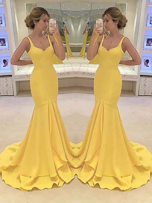 Mermaid Spaghetti Straps Sleeveless Sweep/Brush Train With Layers Stretch Crepe Dresses
