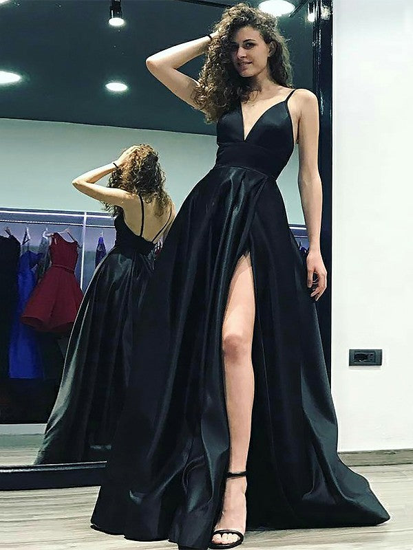 A-Line V-neck Sleeveless Floor-Length With Ruffles Satin Dresses