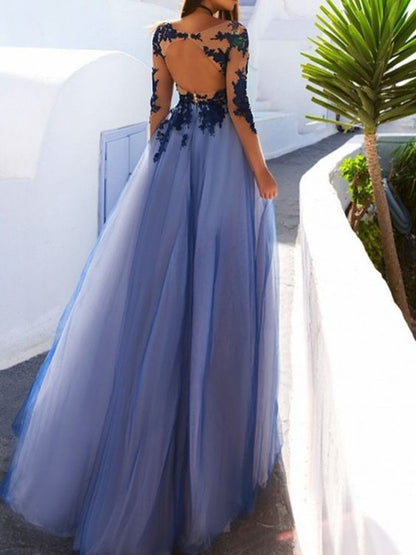 A-Line Scoop Long Sleeves Floor-Length With Applique Tulle Dresses