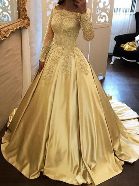 Ball Gown Long Sleeves Off-the-Shoulder Chapel Train Applique Satin Dresses