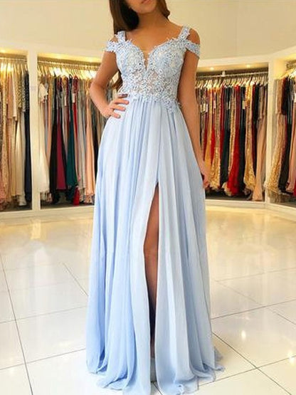 A-Line/Princess Sleeveless Off-the-Shoulder Floor-Length Applique Chiffon Dresses