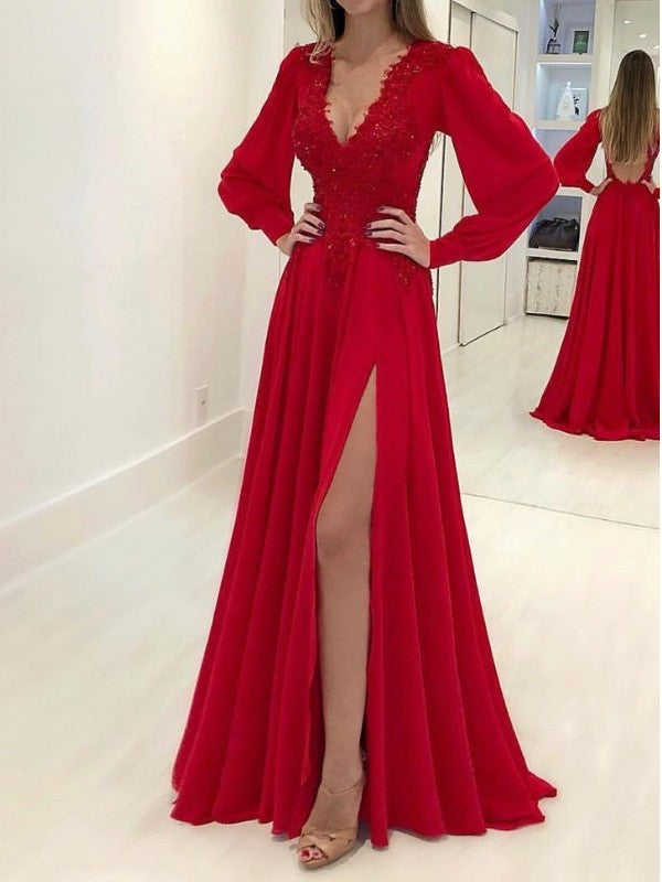 A-Line/Princess Long Sleeves V-neck Sweep/Brush Train Applique Chiffon Dresses