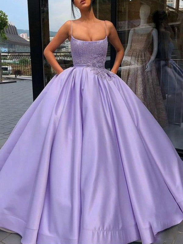 Ball Gown Satin Applique Spaghetti Straps Sleeveless Floor-Length Dresses