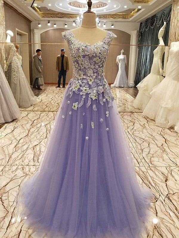 A-Line/Princess Sleeveless Scoop Floor-Length Applique Tulle Dresses