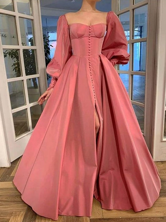 A-Line/Princess Long Sleeves Square Ruffles Satin Floor-Length Dresses