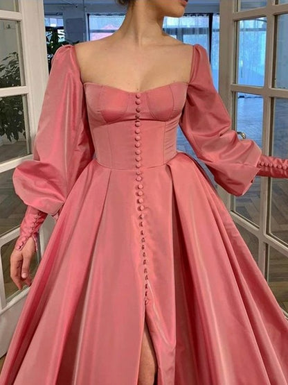 A-Line/Princess Long Sleeves Square Ruffles Satin Floor-Length Dresses