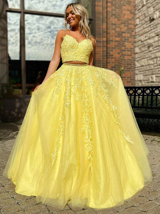 A-Line/Princess Tulle Applique Sleeveless V-neck Floor-Length Two Piece Dresses