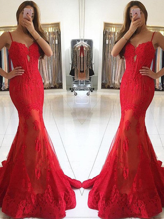 Trumpet/Mermaid Lace Applique Sweetheart Sleeveless Sweep/Brush Train Dresses