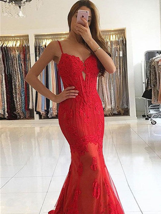 Trumpet/Mermaid Lace Applique Sweetheart Sleeveless Sweep/Brush Train Dresses