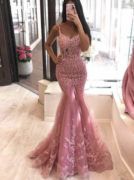 Trumpet/Mermaid Lace Applique V-neck Sleeveless Sweep/Brush Train Dresses