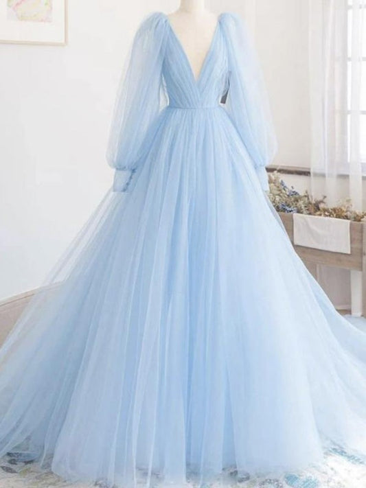 A-Line/Princess Tulle Ruffles V-neck Long Sleeves Sweep/Brush Train Dresses