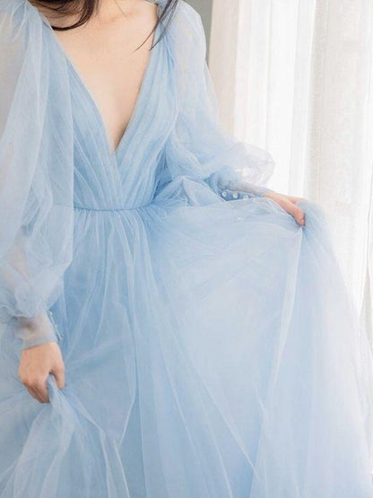 A-Line/Princess Tulle Ruffles V-neck Long Sleeves Sweep/Brush Train Dresses