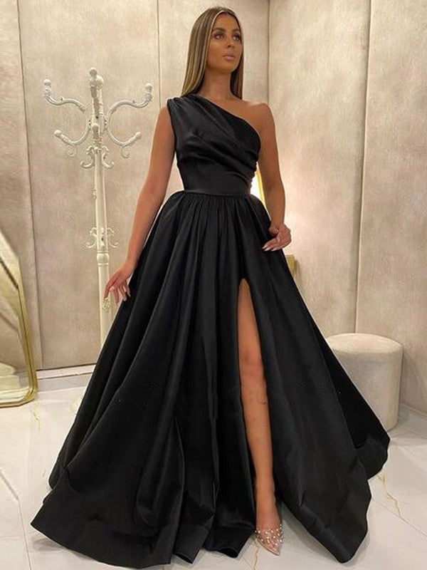 A-Line/Princess Satin Ruffles One-Shoulder Sleeveless Sweep/Brush Train Dresses