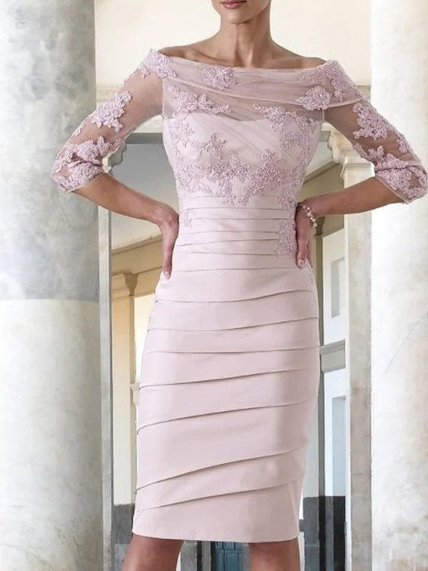 Sheath/Column Satin Applique Scoop 3/4 Sleeves Knee-Length Mother of the Bride Dresses