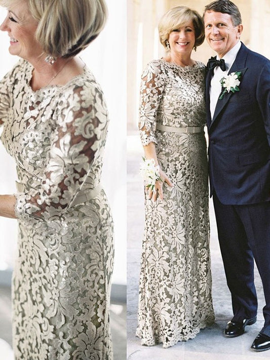 Sheath/Column Lace Sash/Ribbon/Belt Scoop 3/4 Sleeves Floor-Length Mother of the Bride Dresses