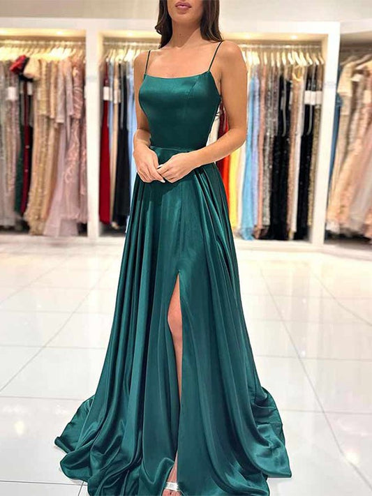 A-Line/Princess Silk like Satin Ruffles Spaghetti Straps Sleeveless Floor-Length Dresses