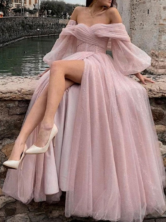 A-Line Prom Dresses Corsets Dress Formal Wedding Guest Floor Length Long Sleeve Off Shoulder Tulle with Glitter Ruched Slit