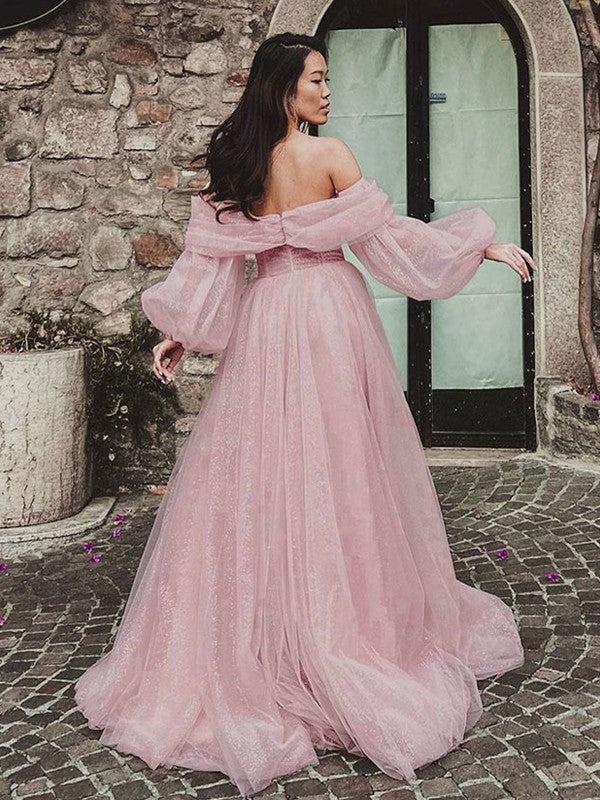 A-Line Prom Dresses Corsets Dress Formal Wedding Guest Floor Length Long Sleeve Off Shoulder Tulle with Glitter Ruched Slit