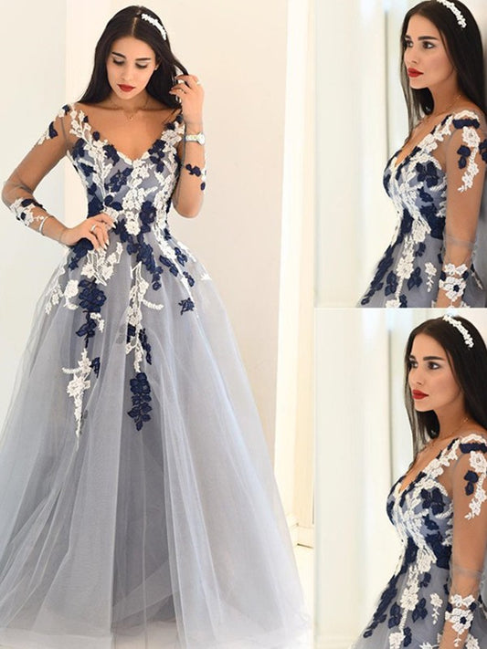 A-Line/Princess V-Neck Long Sleeves Applique Tulle Floor-Length Dresses