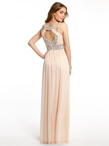 A-Line/Princess Bateau Beading Sleeveless Chiffon Floor-Length Dresses