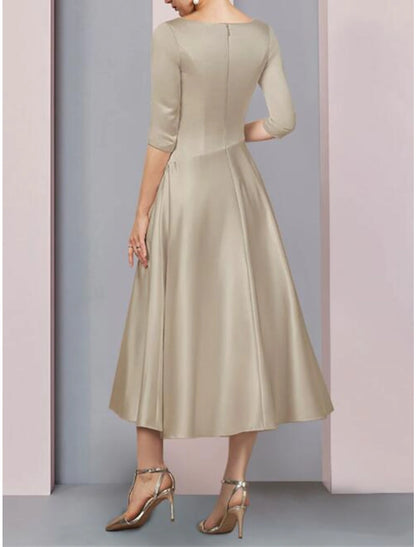 A-Line Gold Dresses Mother of the Bride Dress Wedding Guest Elegant Vintage Plus Size V Neck Tea Length Satin 3/4 Length Sleeve with Pleats dress