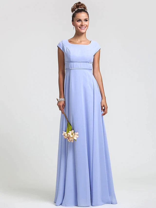 Sheath / Column Bridesmaid Dress Square Neck Short Sleeve Elegant Floor Length Chiffon with Sash / Ribbon / Pleats