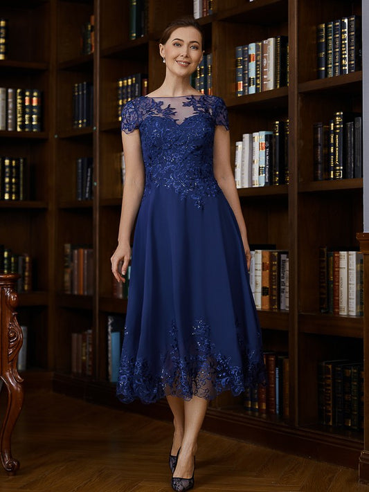 A-Line/Princess Chiffon Applique Bateau Short Sleeves Tea-Length Mother of the Bride Dresses