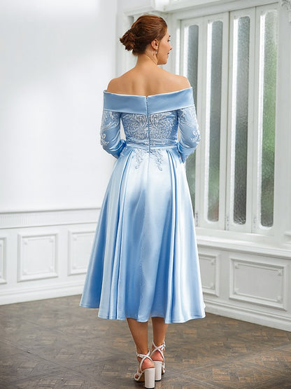 A-Line/Princess Elastic Woven Satin Ruched Off-the-Shoulder Long Sleeves Tea-Length Mother of the Bride Dresses