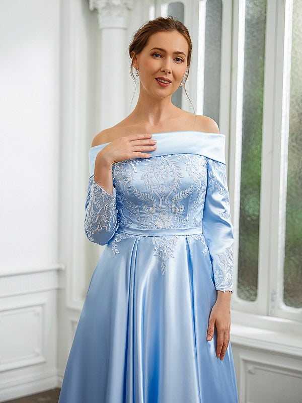 A-Line/Princess Elastic Woven Satin Ruched Off-the-Shoulder Long Sleeves Tea-Length Mother of the Bride Dresses