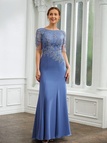 Sheath/Column Chiffon Applique Bateau Short Sleeves Floor-Length Mother of the Bride Dresses